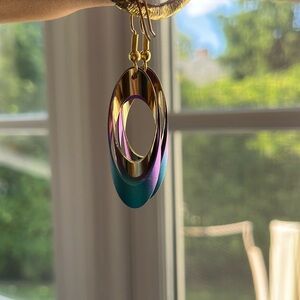 Gold, blue and purple ombre, oval dangle earrings
